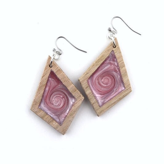 Aurora Wood Earrings in Ice Pink, handcrafted resin and wood earrings