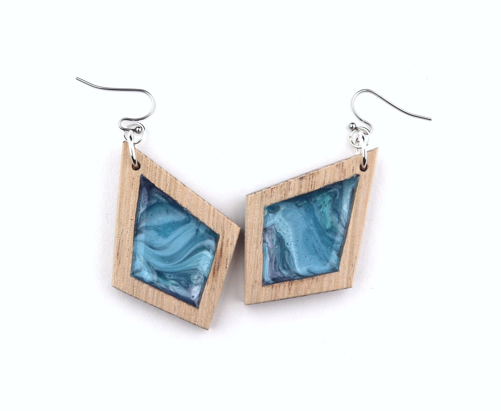 Aurora Wood Earrings in Ocean Blue, handcrafted resin and wood earrings