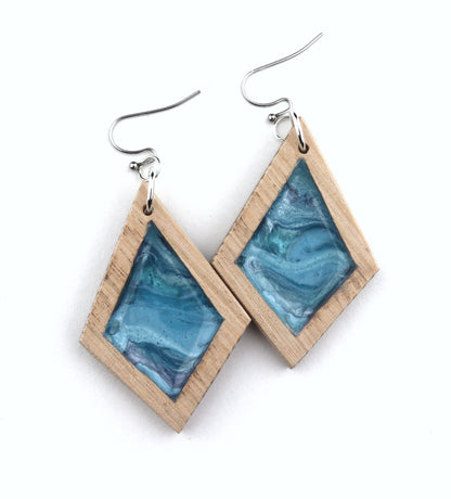Aurora Wood Earrings in Ocean Blue, handcrafted resin and wood earrings
