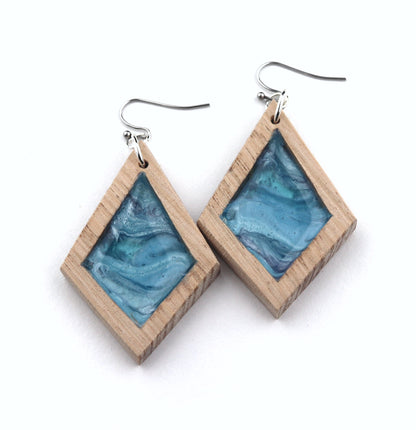 Aurora Wood Earrings in Ocean Blue, handcrafted resin and wood earrings