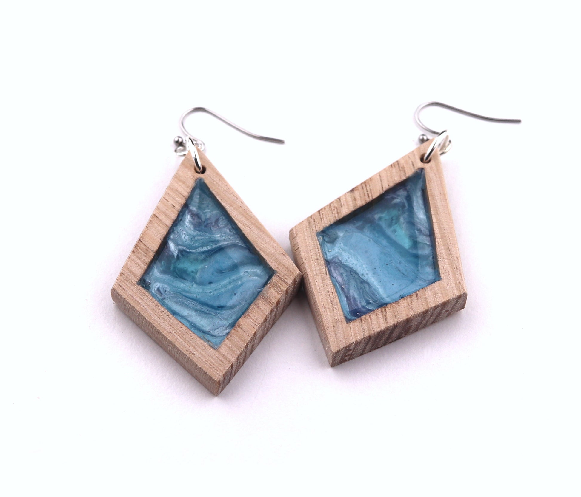 Aurora Wood Earrings in Ocean Blue, handcrafted resin and wood earrings