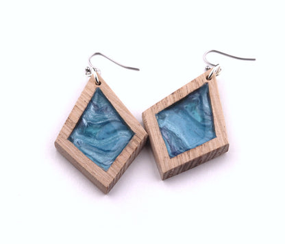 Aurora Wood Earrings in Ocean Blue, handcrafted resin and wood earrings