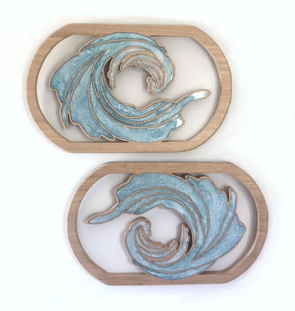 Ocean Rush inlaid wall art by Sands Wood, featuring intricate resin design and natural wood, perfect for coastal inspired home decor.