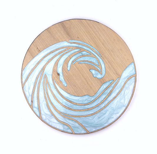 Ocean Waves inlaid wall art by Sands Wood, featuring intricate resin design and natural wood, perfect for coastal themed home decor.