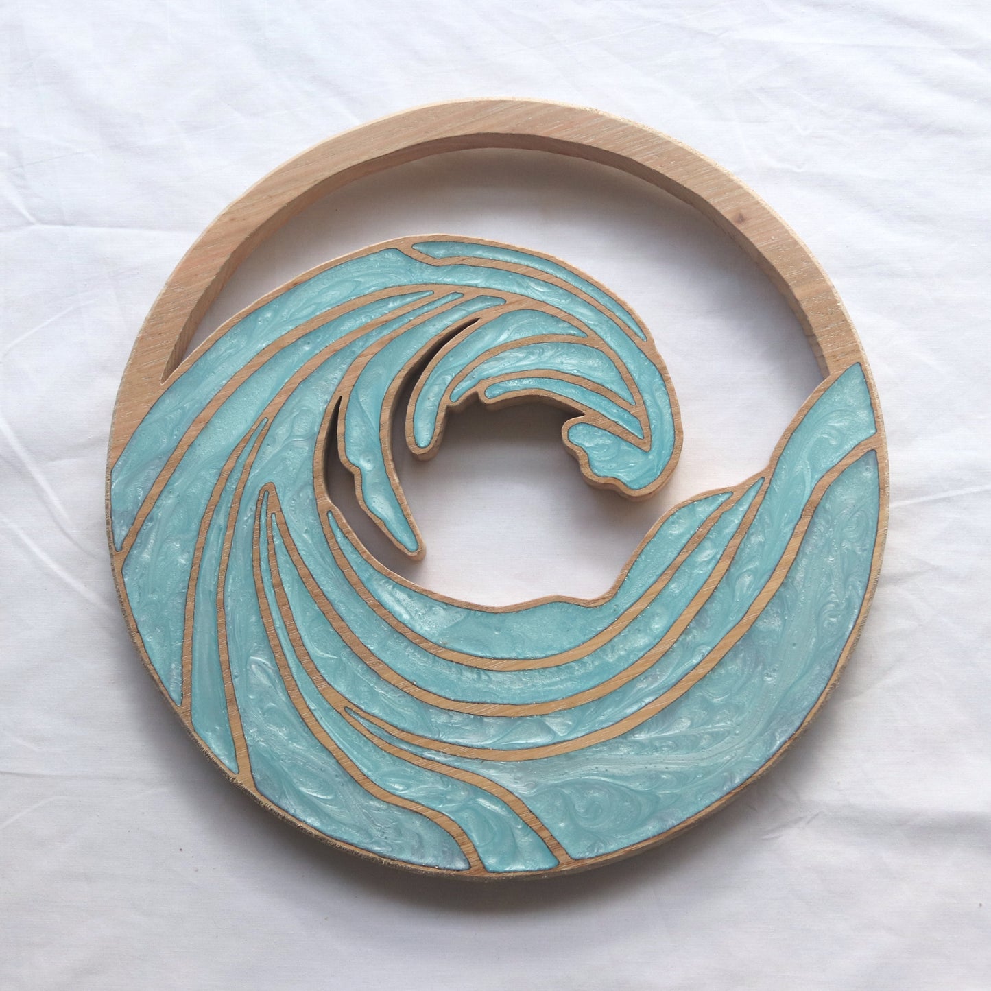 Ocean Waves inlaid wall art by Sands Wood, featuring intricate resin design and natural wood, perfect for coastal inspired home decor.