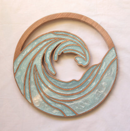 Ocean Waves inlaid wall art by Sands Wood, featuring intricate resin design and natural wood, perfect for coastal inspired home decor.