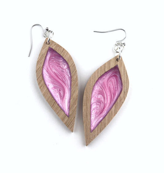 Aurora Wood Earrings in Pink Petal, handcrafted resin and wood earrings