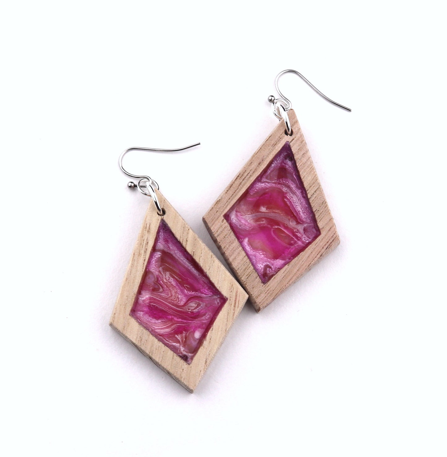 Aurora Wood Earrings in Pink Potion, handcrafted resin and wood earrings