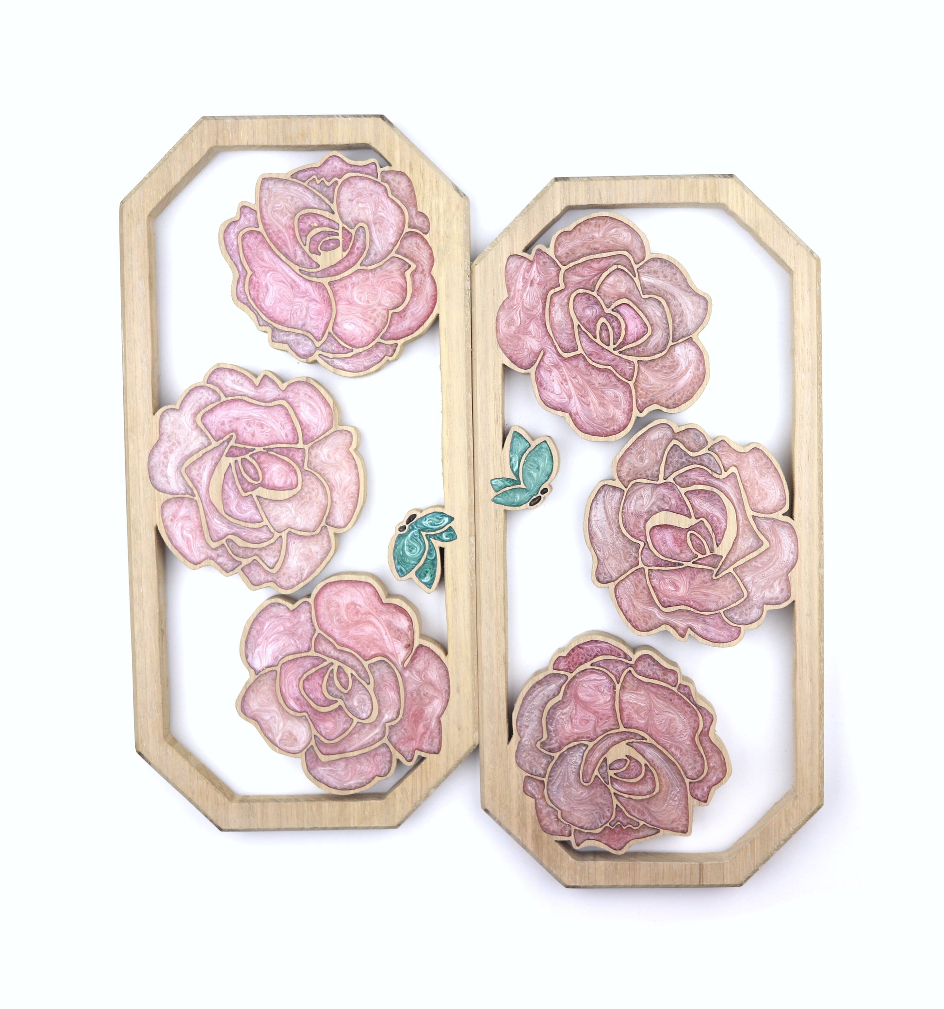 Roses and Butterflies inlaid wall art by Sands Wood, featuring intricate resin design and natural wood, perfect for rustic or nature-inspired home decor.