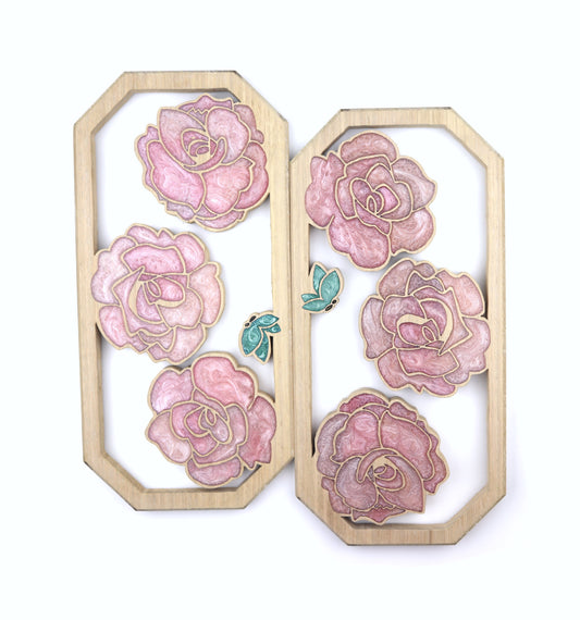 Roses and Butterflies inlaid wall art by Sands Wood, featuring intricate resin design and natural wood, perfect for rustic or nature-inspired home decor.