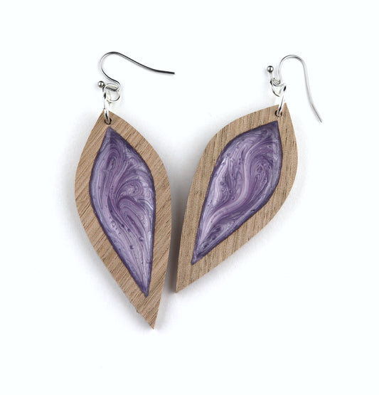 Aurora Wood Earrings in Purple Petal, handcrafted resin and wood earrings