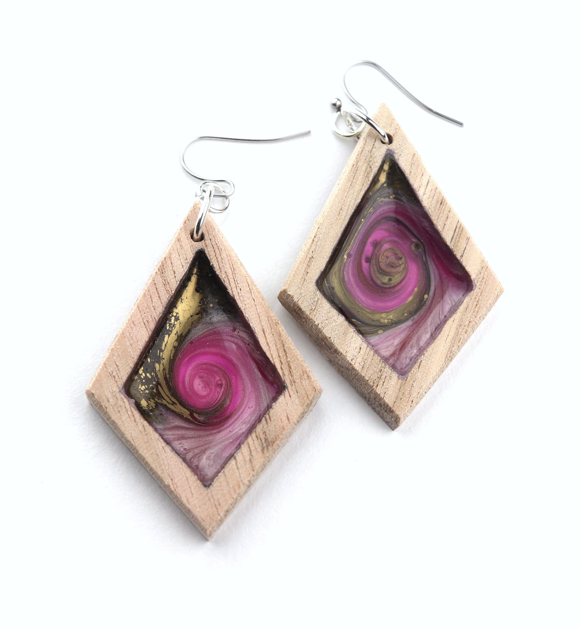 Aurora Wood Earrings in Rose Gold, handcrafted resin and wood earrings