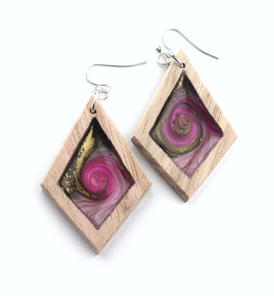 Aurora Wood Earrings in Rose Gold, handcrafted resin and wood earrings