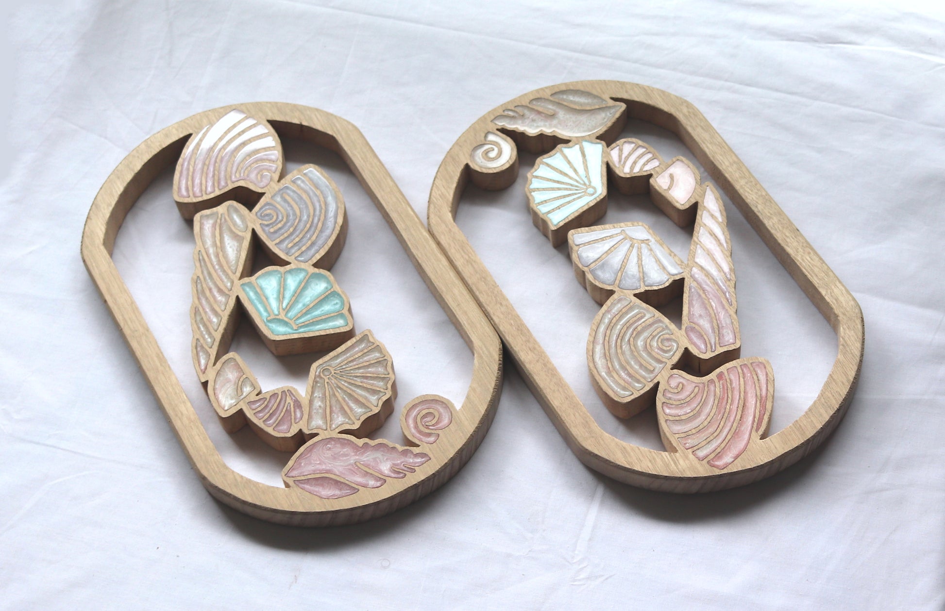 Sea Shells inlaid wall art by Sands Wood, featuring intricate resin design and natural wood, perfect for beach inspired home decor.