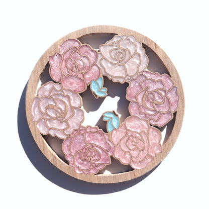 Roses and Butterflies inlaid wall art by Sands Wood, featuring intricate resin design and natural wood, perfect for rustic or nature-inspired home decor.