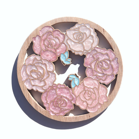 Roses and Butterflies inlaid wall art by Sands Wood, featuring intricate resin design and natural wood, perfect for rustic or nature-inspired home decor.