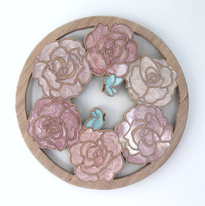 Roses and Butterflies inlaid wall art by Sands Wood, featuring intricate resin design and natural wood, perfect for rustic or nature-inspired home decor.