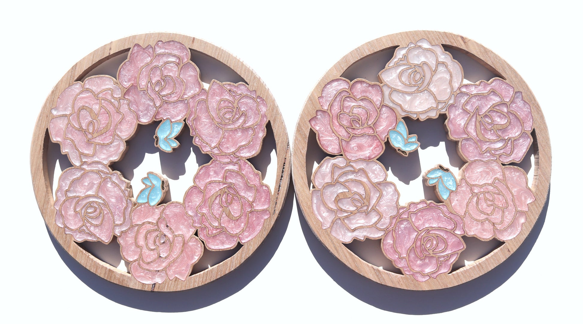 Roses and Butterflies inlaid wall art by Sands Wood, featuring intricate resin design and natural wood, perfect for rustic or nature-inspired home decor.