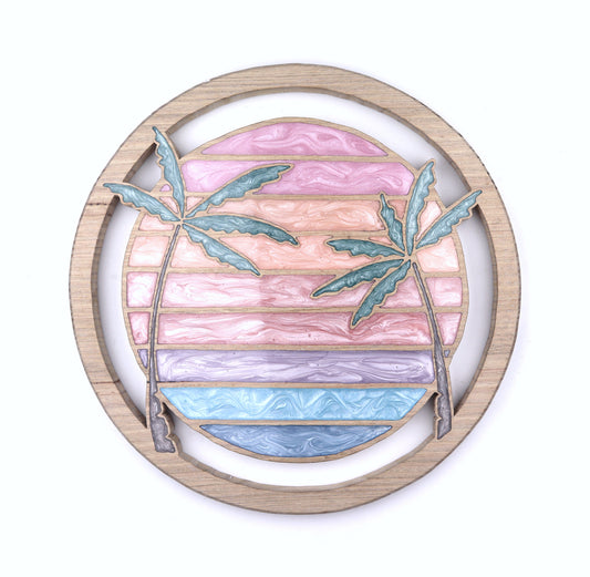 Vaporwave inspired sunset in vibrant resin bands with palm trees. Summer vibes for perfect beach house decor.
