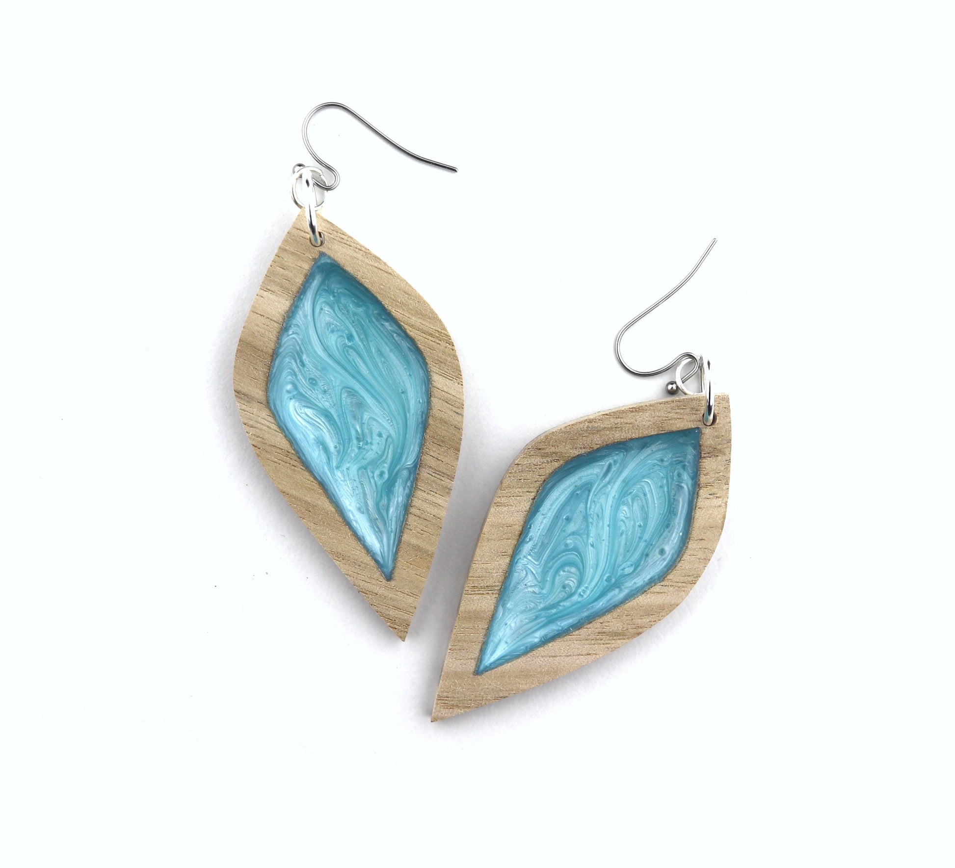Aurora Wood Earrings in Turquoise Petal, large, handcrafted resin and wood earrings