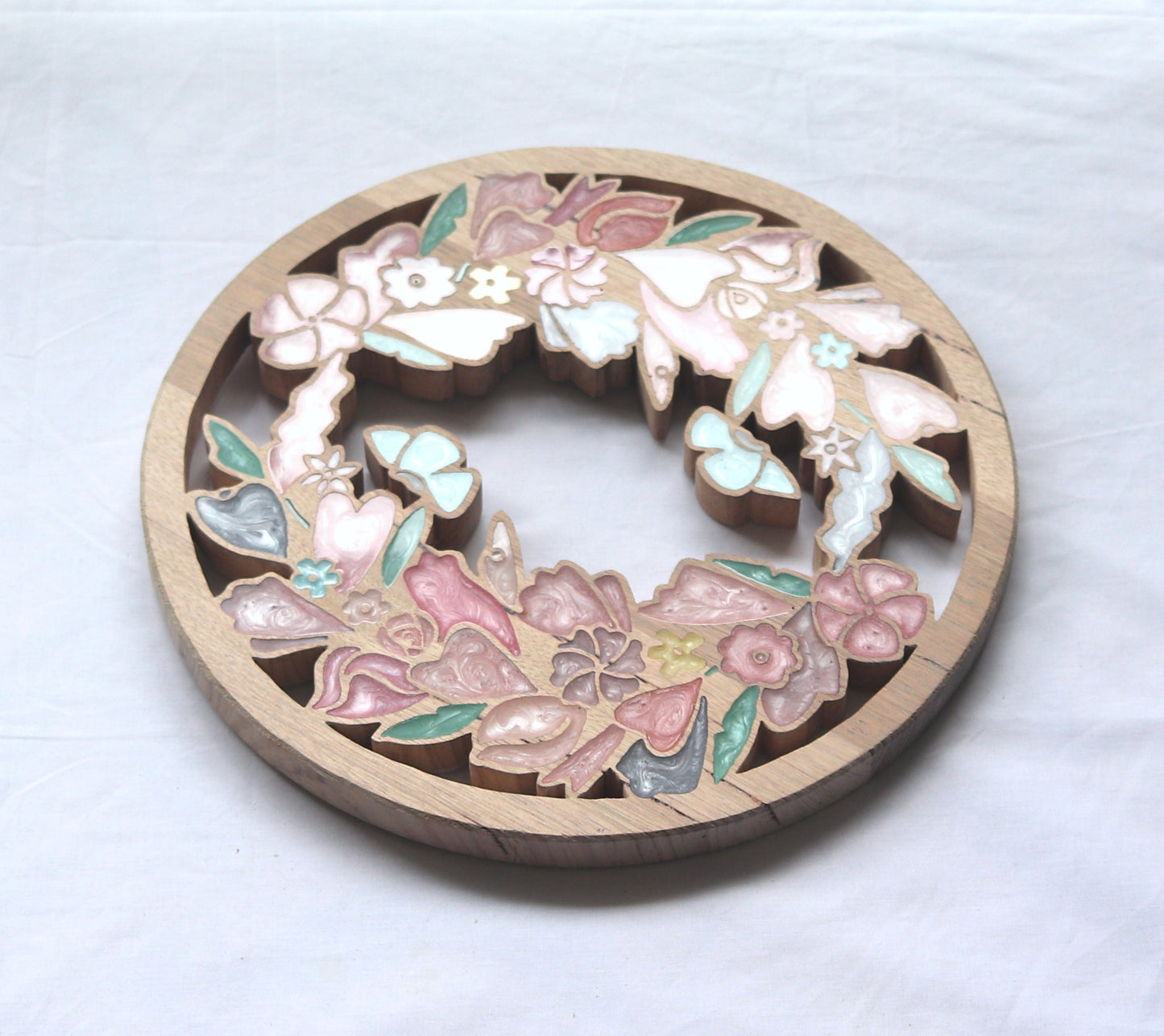 Wild Flowers wreath inlaid wall art by Sands Wood, featuring intricate resin design and natural wood, a vibrant nature-inspired home decor.