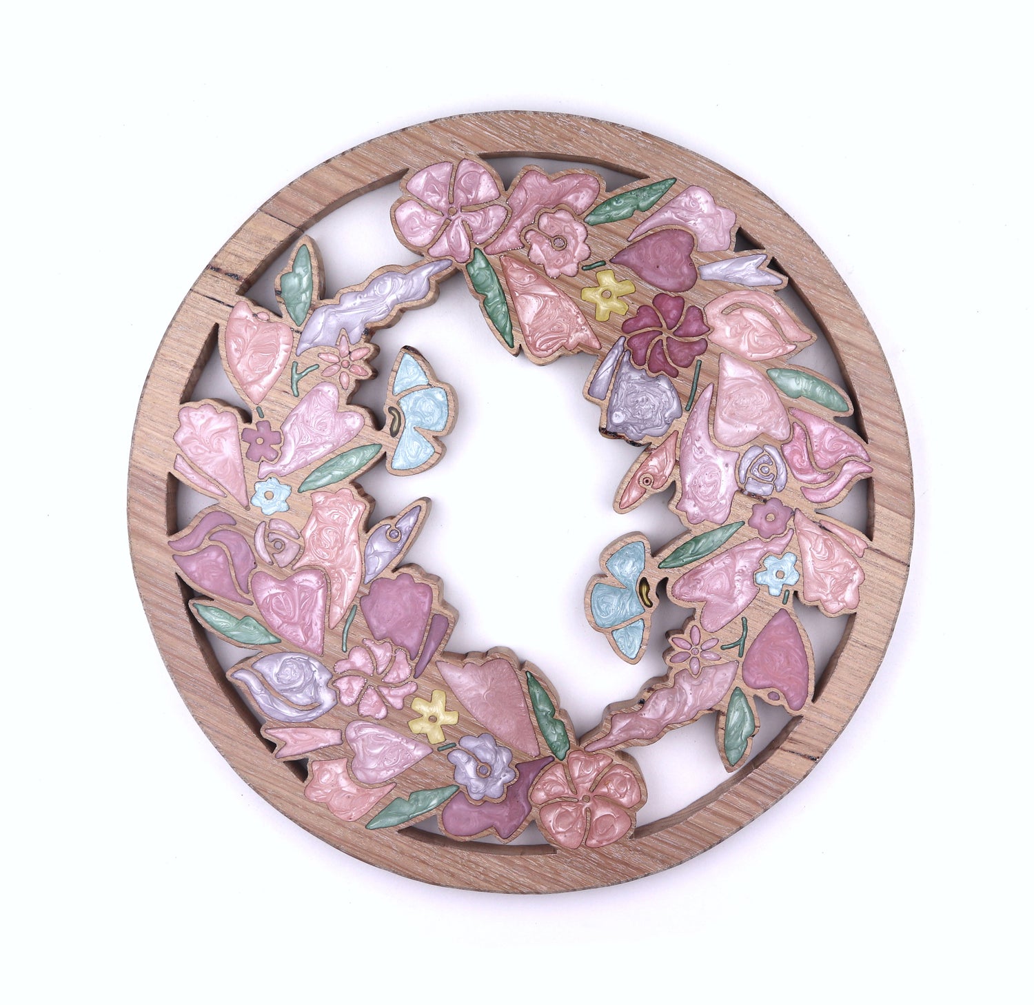 Wild Flowers wreath inlaid wall art by Sands Wood, featuring intricate resin design and natural wood, a vibrant nature-inspired home decor.