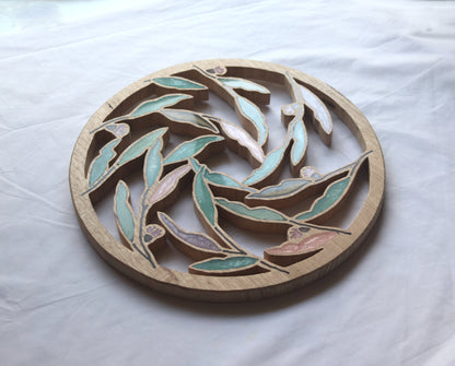 Gum nuts and Leaves inlaid wall art by Sands Wood, featuring artistic resin design and natural wood, perfect for entryway or living room home decor.