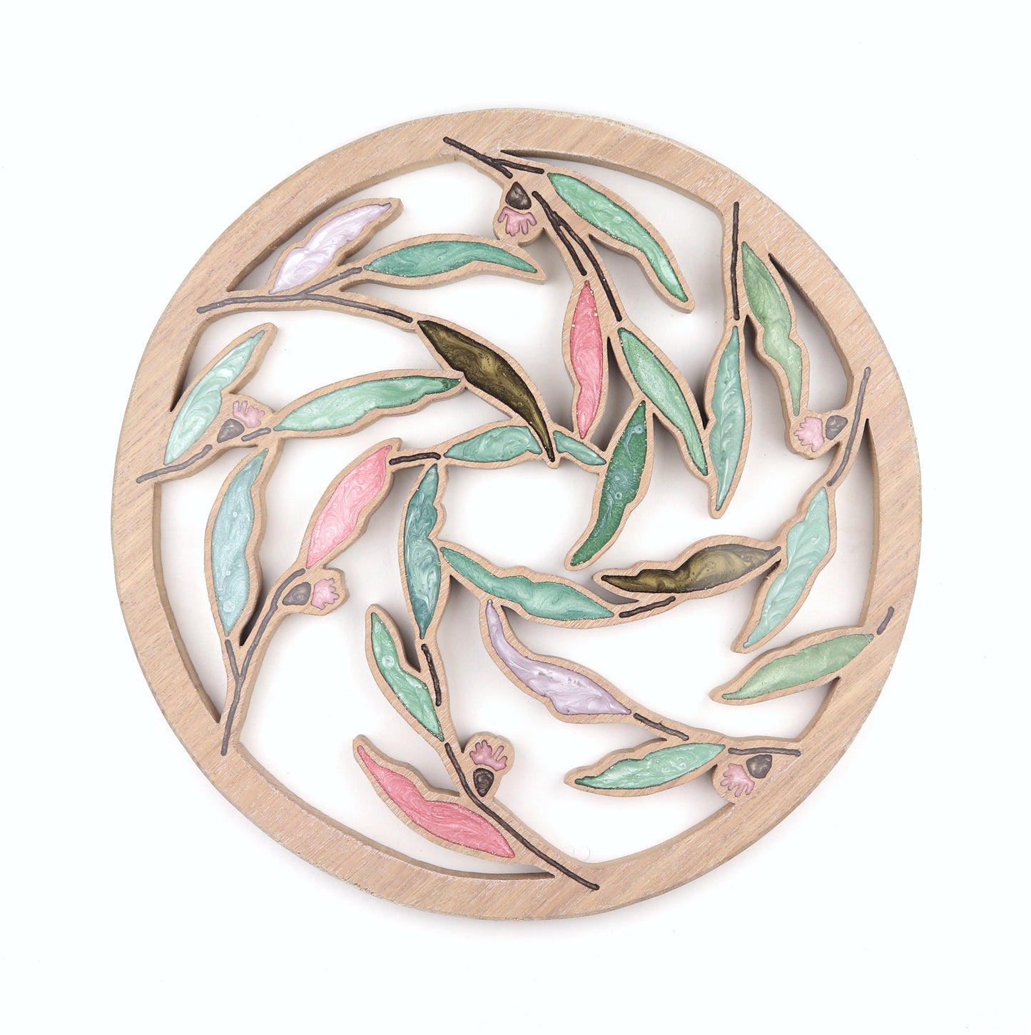 Gum nuts and Leaves inlaid wall art by Sands Wood, featuring artistic resin design and natural wood, perfect for entryway or living room home decor.