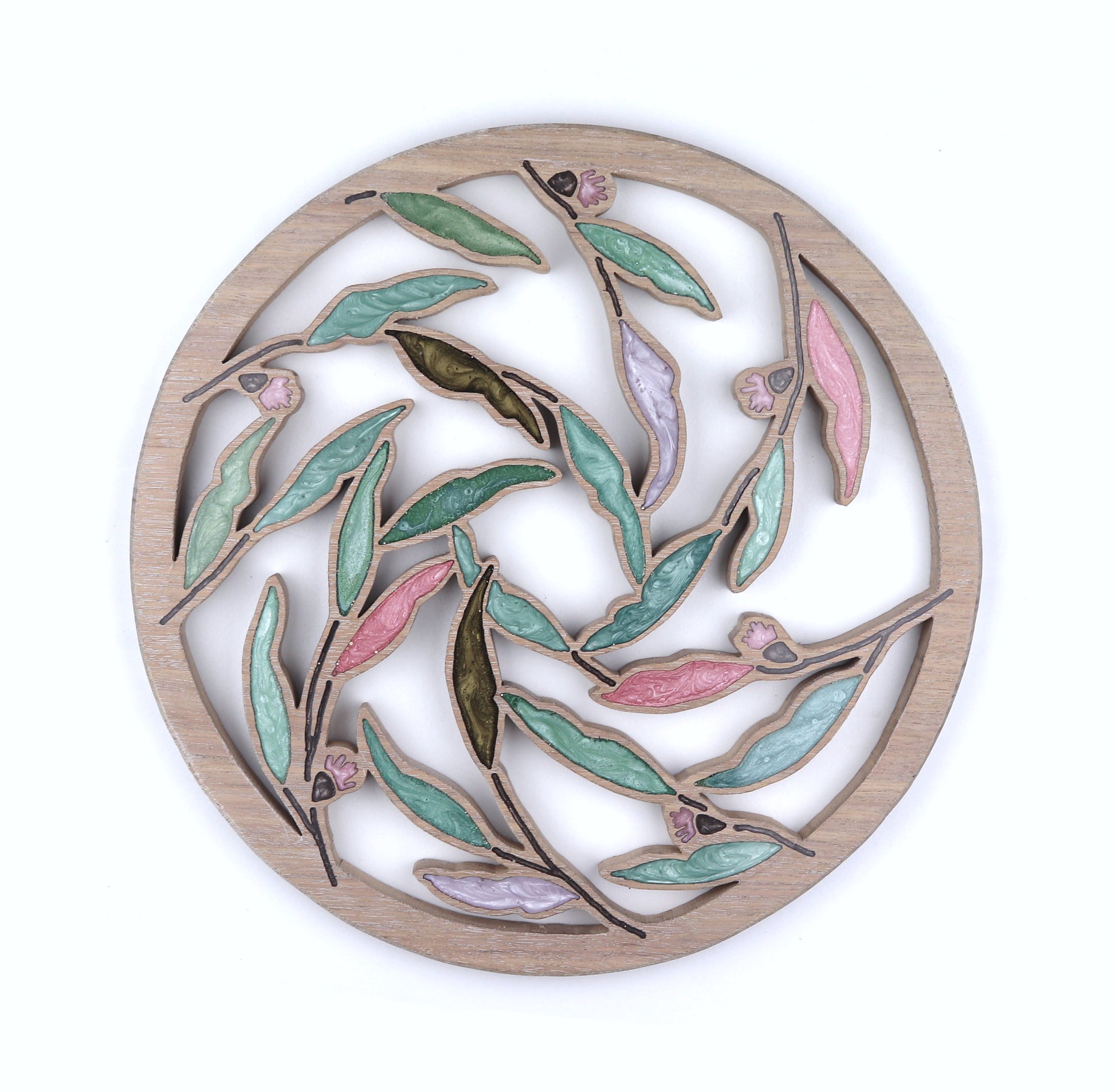 Gum nuts and Leaves inlaid wall art by Sands Wood, featuring artistic resin design and natural wood, perfect for entryway or living room home decor.