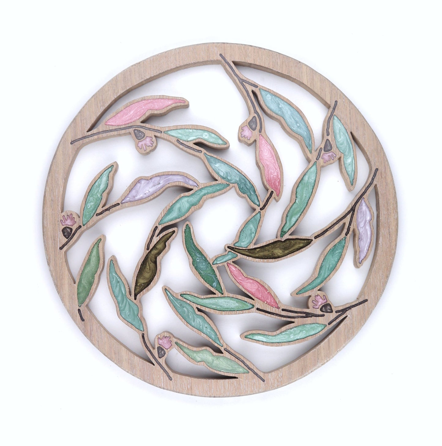 Gum nuts and Leaves inlaid wall art by Sands Wood, featuring artistic resin design and natural wood, perfect for entryway or living room home decor.