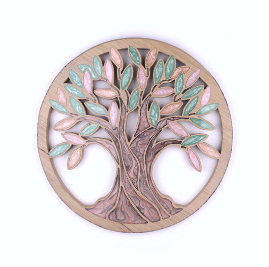 Tree of Life inlaid wall art by Sands Wood, featuring artistic resin design and natural wood, perfect for entryway or living room home decor.